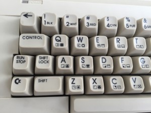 Commodore 64C keyboard with strange looking keys.