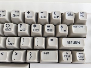 Commodore 64C keyboard with strange looking keys.