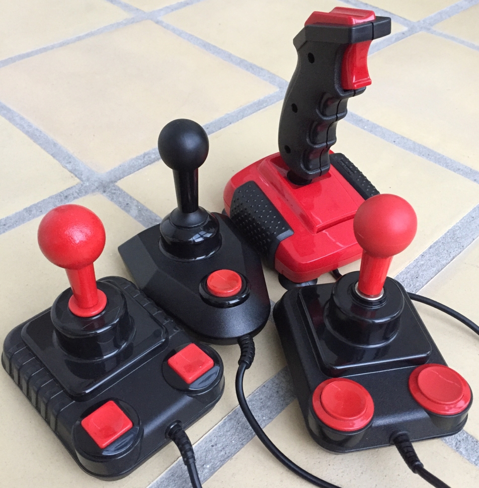 Joysticks that are being cleaned and maintaned in the post. Competition Pro, ZipStik, The Arcade Joystick, QuickShot II Turbo.