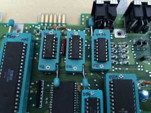 Commodore 64 Zero Insertion Force (ZIF) socket mod. C64 Assy 250469 board modified with ZIF sockets for easy IC chip testing.
