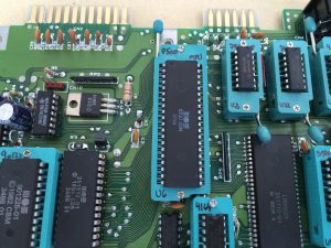 Commodore 64 Zero Insertion Force (ZIF) socket mod. C64 Assy 250469 board modified with ZIF sockets for easy IC chip testing. RAM and MPU chips