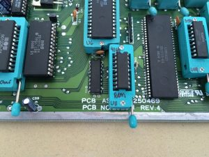 Commodore 64 Zero Insertion Force (ZIF) socket mod. C64 Assy 250469 board modified with ZIF sockets for easy IC chip testing. RAM and MPU chips