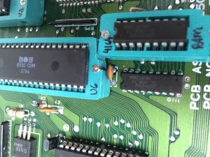 Commodore 64 Zero Insertion Force (ZIF) socket mod. C64 Assy 250469 board modified with ZIF sockets for easy IC chip testing. RAM and MPU chips