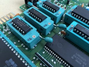 Commodore 64 Zero Insertion Force (ZIF) socket mod. C64 Assy 250469 board modified with ZIF sockets for easy IC chip testing.