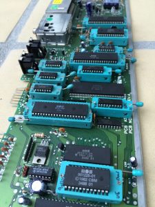 Commodore 64 Zero Insertion Force (ZIF) socket mod. C64 Assy 250469 board modified with ZIF sockets for easy IC chip testing.