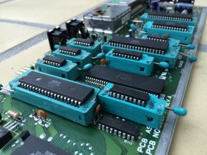 Commodore 64 Zero Insertion Force (ZIF) socket mod. C64 Assy 250469 board modified with ZIF sockets for easy IC chip testing.