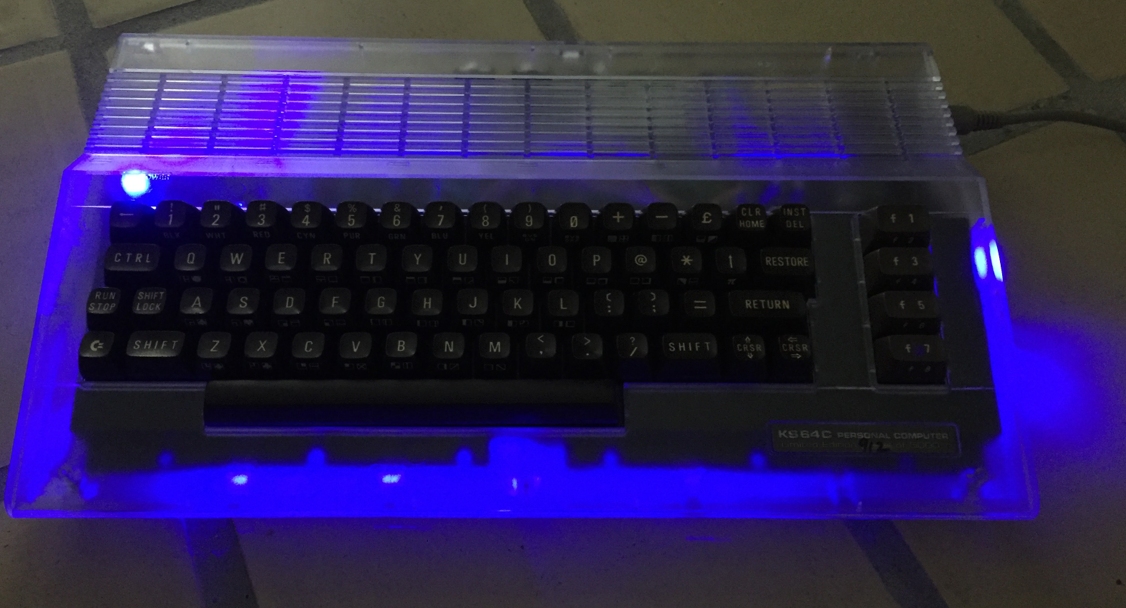 Commodore 64 modded with RGB LED's to light up during gaming.