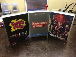 Commodore 64 cartridge games: Montezuma's Revenge, Giana Sisters,, Bubble Bobble. breadbox64.com